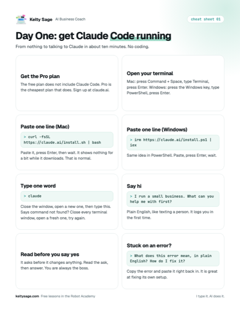 Preview of cheat sheet 01: Day One: get Claude Code running