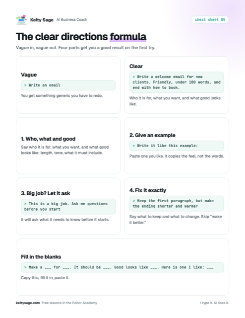 Preview of cheat sheet 05: The clear directions formula